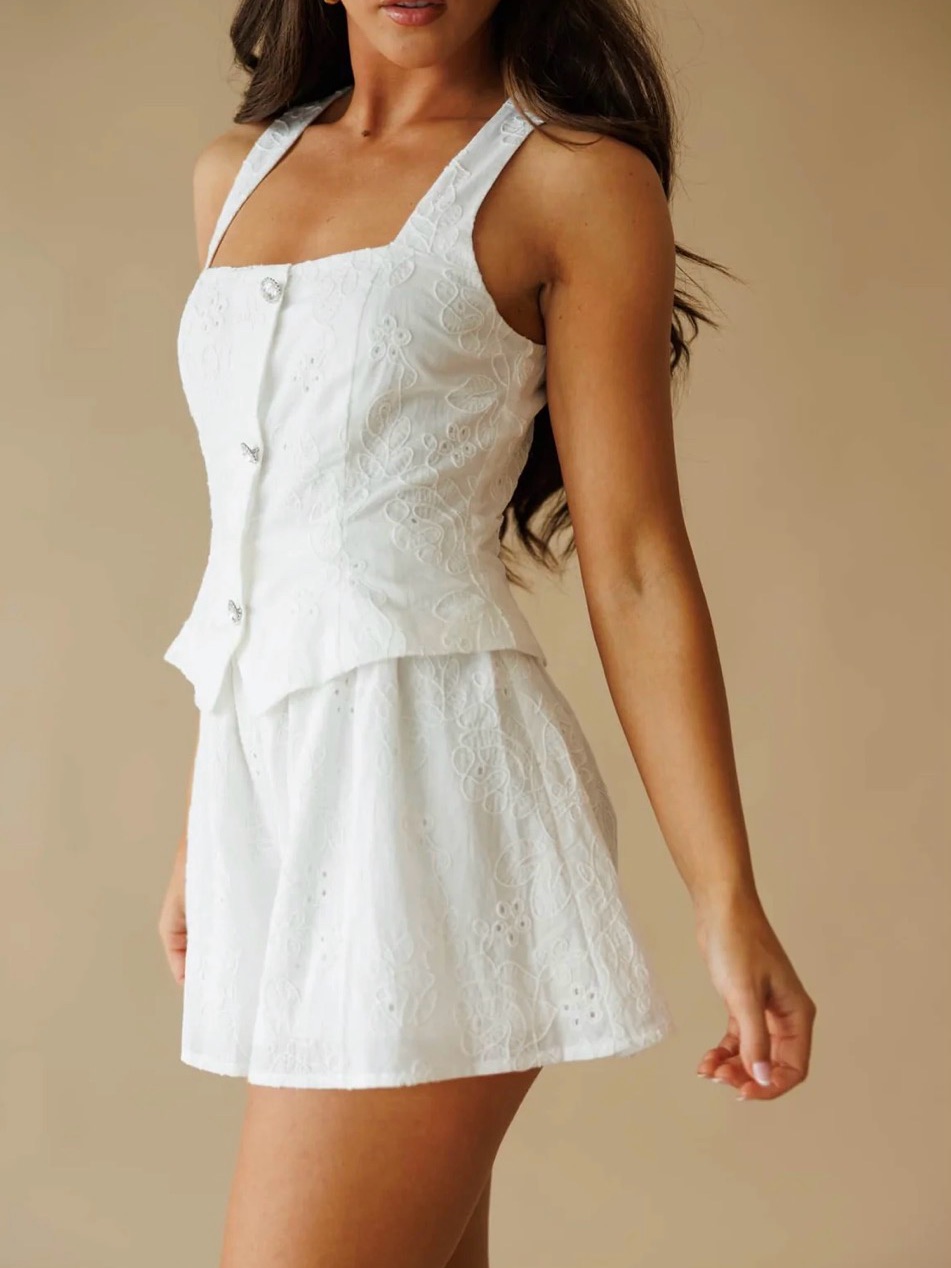 White Eyelet Two-Piece Tank Top & Skirt Set